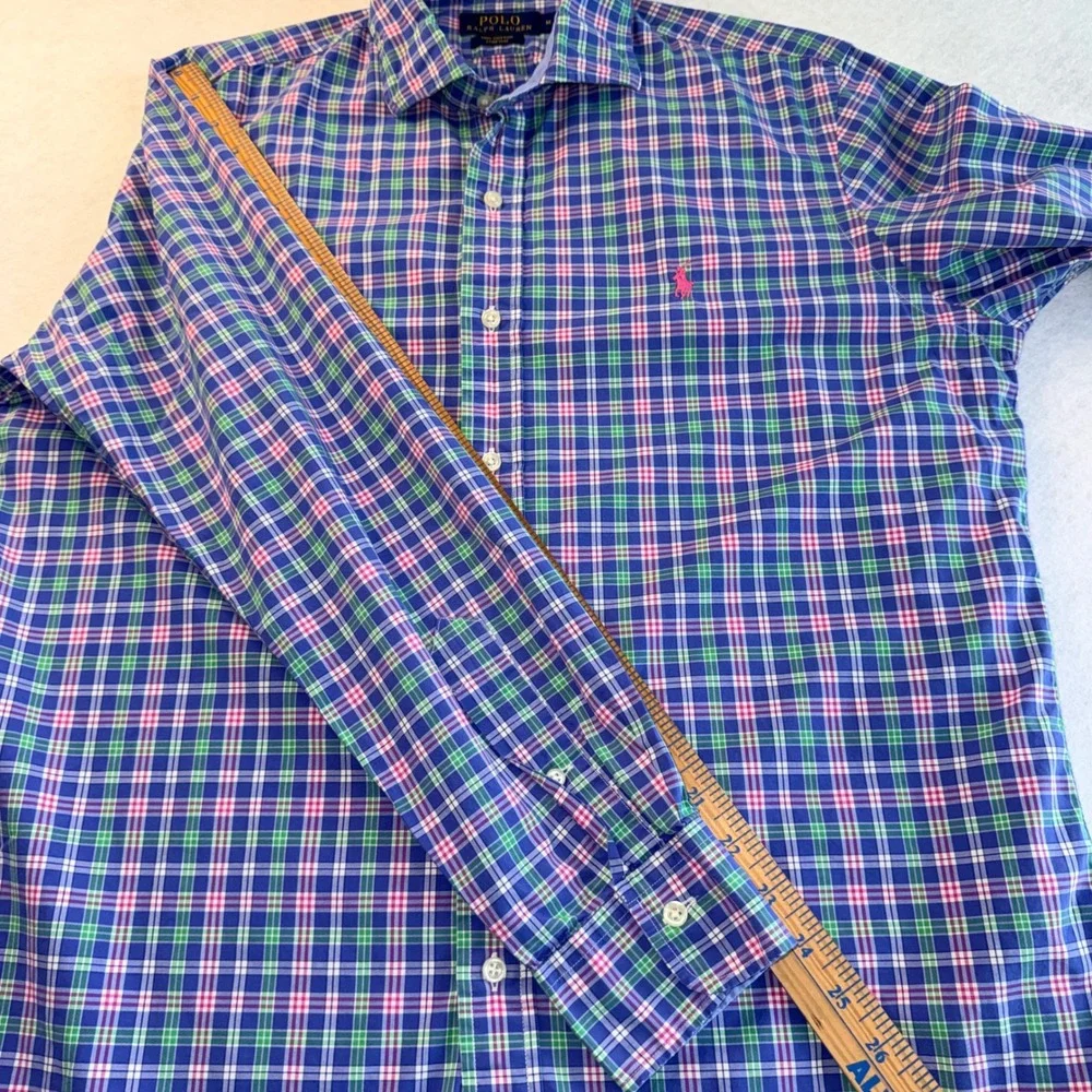 Polo Ralph Lauren Mens Medium Blue Green Pink Plaid‎ Cotton Stretch Shirt M